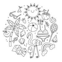 set di oggetti sul tema dell'estate e della spiaggia a forma di cerchio in un simpatico cartone animato in stile doodle. illustrazione vettoriale in bianco e nero isolato su sfondo bianco.