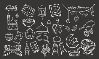 set di elementi doodle islamici relativi all'agrifoglio ramadan. concetto di design simboli islamici e icone con stile schizzo disegnato a mano vettore