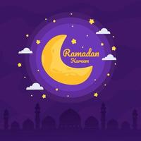 illustrazione di ramadan kareem con luna crescente e concetto di stella. stile cartone animato design piatto vettore