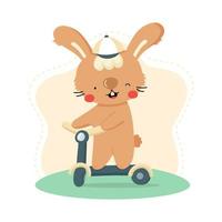 coniglio simpatico cartone animato in sella a un monopattino. personaggio animale divertente per il design dei bambini. illustrazione vettoriale piatta.