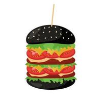 l'hamburger alla moda su un panino nero è un panino tradizionale con cotoletta, panino, pomodori, lattuga, formaggio per il concetto di fast food. illustrazione vettoriale per il design o la decorazione.