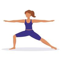 la ragazza fa yoga, sta nella posa del guerriero. illustrazione vettoriale di sport e stile di vita sano. antica pratica indiana di sviluppo spirituale, salute e armonia.