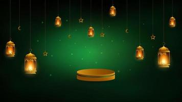 sfondo sfocato verde con lanterna di lusso, stella d'oro e decorazione lunare per tema ramadan vettore