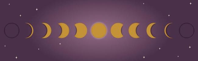 icona di astronomia fasi lunari con stelle. illustrazione vettoriale 3d del taglio della carta su sfondo viola