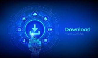 scarica l'archiviazione dei dati. download cloud. simbolo di installazione. interfaccia digitale commovente della mano robotica. concetto di internet di rete di tecnologia aziendale. illustrazione vettoriale. vettore
