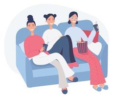 ragazze adolescenti sono sedute sul divano in pigiama, mangiano popcorn e guardano un film. concetto di pigiama party. illustrazione vettoriale piatta su sfondo bianco.