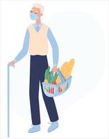 illustrazione vettoriale piatta. nonno in maschera che compra generi alimentari in negozio. fare la spesa durante la quarantena. confinamento