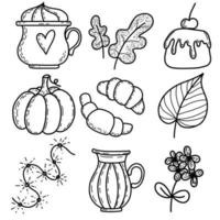 set line art con croissant, tazza di caffè, foglie, vaso, fiori, luci, torta con ciliegia, ghirlanda. illustrazione vettoriale