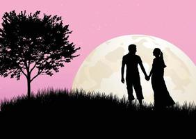 silhouette coppia uomo e donna che tengono la mano insieme sulla collina al chiaro di luna vettore