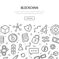 set doodle disegnato a mano di elementi a tema blockchain. modello di banner. concetto di tecnologia finanziaria in stile schizzo. illustrazione di commercio elettronico di vettore. vettore