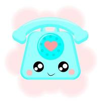 vecchio telefono, colore blu, carattere kawaii, sorriso, stile giapponese, stampa tessile, adesivo, maglietta, imballaggio, illustrazione vettoriale