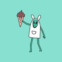 simpatico alieno che indossa un costume da coniglio e tiene in mano un gelato, un'illustrazione per t-shirt, adesivi o articoli di abbigliamento. con stile cartone animato retrò. vettore