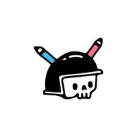 scheletro che indossa un casco con corno di matite, illustrazione per t-shirt, adesivi o articoli di abbigliamento. con doodle, soft pop e stile cartone animato. vettore