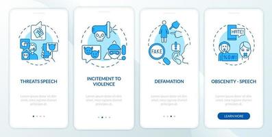 tipi di voce non protetti durante l'onboarding della schermata della pagina dell'app mobile. incitamento alla violenza procedura dettagliata 4 passaggi istruzioni grafiche con concetti. modello vettoriale ui, ux, gui con illustrazioni a colori lineari