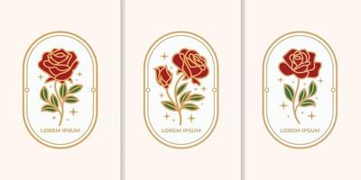 logo estetico di bellezza femminile fiore rosa disegnato a mano vintage vettore