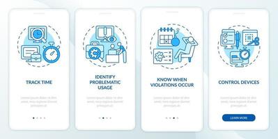 vantaggio del monitoraggio dei dipendenti schermata blu della pagina dell'app mobile di onboarding. guida al monitoraggio del lavoro 4 passaggi istruzioni grafiche con concetti. modello vettoriale ui, ux, gui con illustrazioni a colori lineari