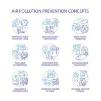 Set di icone del concetto di prevenzione dell'inquinamento atmosferico. illustrazioni a colori linea sottile idea energia rinnovabile. rendere popolare l'imboschimento. aumentare i parchi. riducendo il consumo di energia. disegni di contorno isolati vettoriali