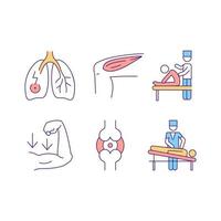 set di icone a colori rgb per fisioterapia. dolore acuto ai polmoni. muscoli doloranti alla gamba. il paziente visita il terapeuta per un trattamento professionale. illustrazioni vettoriali isolate. semplice raccolta di disegni al tratto riempiti