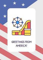 saluti dall'america biglietto di auguri con elemento icona colore. Parco divertimenti. disegno vettoriale cartolina. volantino decorativo con illustrazione creativa. notecard con messaggio di congratulazioni