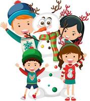 famiglia felice in tema natalizio con un pupazzo di neve vettore