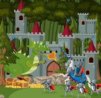 guerrieri medievali che combattono con l'antico drago vettore