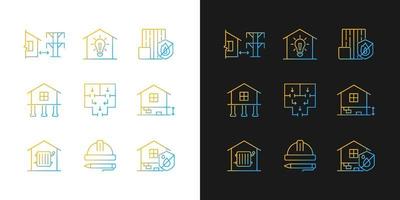icone del gradiente delle norme di sicurezza degli edifici impostate per la modalità scura e chiara. alloggi adeguati. fascio di simboli di contorno a linea sottile. raccolta di illustrazioni di contorno vettoriale isolata in bianco e nero