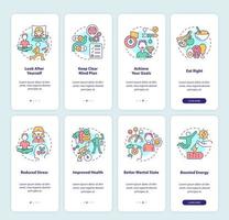 set di schermate dell'app mobile per l'onboarding dell'equilibrio vitale e dei bioritmi. procedura dettagliata di armonia 4 passaggi pagine di istruzioni grafiche con concetti lineari. ui, ux, modello gui. sono stati utilizzati una miriade di caratteri normali in grassetto vettore