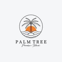 disegno dell'illustrazione vettoriale del logo della linea di palma o cocco. design del modello distintivo logo palma disegnato a mano vintage. tramonto nel concetto di logo dell'isola