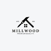 mulino legno casa logo vettoriale, illustrazione del design di carpenteria, vintage di martello e acciaio vettore
