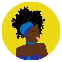 ritratto di una bella donna nera. ragazza afro americana del fumetto che indossa la testa blu. moderna ragazza afroamericana con i capelli ricci. vettore