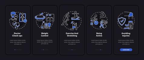 rischio di riduzione dell'artrite durante l'onboarding della schermata della pagina dell'app mobile scura. procedura dettagliata 5 passaggi istruzioni grafiche con concetti. modello vettoriale ui, ux, gui con illustrazioni in modalità notturna lineare