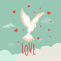 saluto con san valentino colomba bianca, piccione nel cielo con nuvole e cuori. poster, carta banner in colori vivaci. testo amore. illustrazione vettoriale