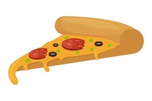 trancio di pizza, colorato, delizioso con pomodoro, salame, olive e formaggio piccante. fast food tradizionale italiano, oggetto isolato su sfondo bianco. illustrazione vettoriale
