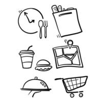set semplice disegnato a mano di icone della linea vettoriale relative alla consegna del cibo nel vettore di stile doodle