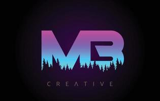 mb lettere logo design con colori blu viola e alberi di pino concetto vettore icona