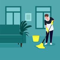 una cameriera fa le pulizie, lava il pavimento con un mocio in guanti gialli, pulisce, disinfezione delle superfici del pavimento, vettore