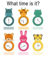 giochi utili con orologio per bambini in età prescolare. dire l'ora impostata con l'orologio animali divertenti per i bambini. che ore sono i bambini che giocano in età prescolare, attività di apprendimento. foglio di lavoro per i bambini delle scuole. vettore