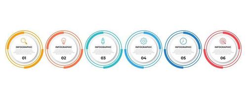 modello di infografica timeline con forme di cerchi moderni. linea di processo aziendale con 6 opzioni numeriche, passaggi. illustrazione vettoriale. vettore