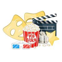 illustrazione vettoriale del tempo del film. concetto di poster del cinema su sfondo rosso rotondo. composizione con popcorn, ciak, occhiali 3d e pellicola. design di banner cinematografici per cinema.