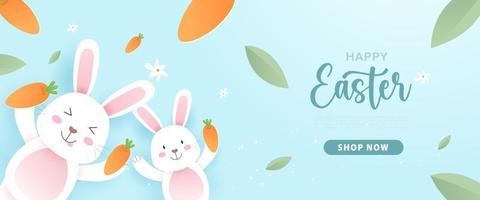 buona pasqua con coniglietto o coniglio carino, uova di pasqua, carota ed elementi festivi sul cielo blu in stile taglio carta. illustrazione vettoriale