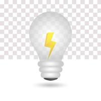 Idee per lampadine a energia 3d. lampadina trasparente. sfondo bianco. simbolo di energia e idea. illustrazione vettoriale