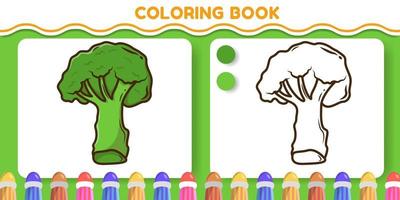 libro da colorare di doodle del fumetto disegnato a mano di broccoli colorati e in bianco e nero per i bambini vettore