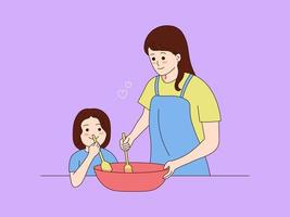 illustrazione di cucina, madre e bambino che cucinano insieme vettore