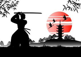 arte giapponese con disegno antico di spada da addestramento samurai vicino al tempio giapponese vettore