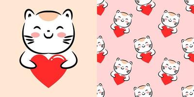 design carino con gatto kawaii che abbraccia il cuore dell'amore vettore