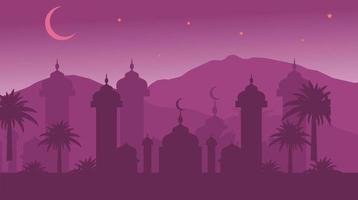 caratteri arabi paesaggio urbano moschea islamica su sfondo bellissimo silhouette - ramadan kareem. vettore
