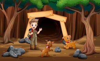 scena con ragazzi scout che fanno un'escursione nella miniera con i cani vettore