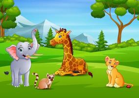 cartone animato di animali selvatici godendo nel campo verde vettore