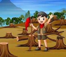 scena della deforestazione con un ragazzo scout vettore