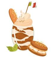 Tiramisù. dolce italiano in un bicchiere con biscotti e menta. dessert perfetto per poster e stampe del menu del ristorante. illustrazione del fumetto di vettore, elemento isolato. vettore